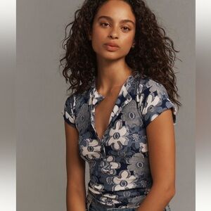 Anthropologie Navy and Cream Floral Short Sleeve Top